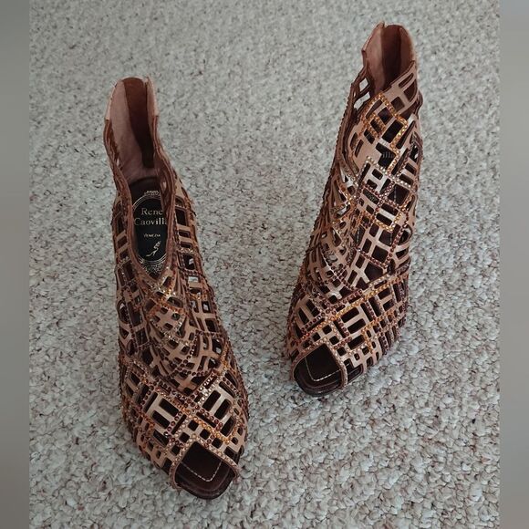 Rene Caovilla gold tone leather embellished Swarovski crystals booties size 36.5 - Picture 6 of 14
